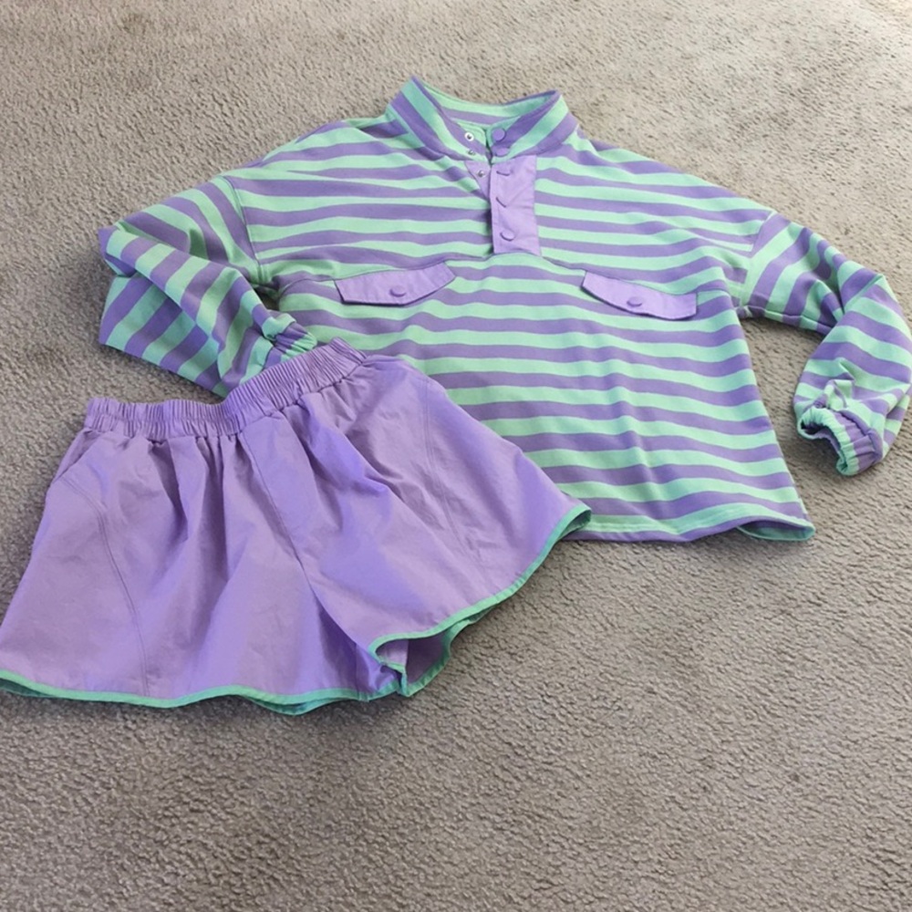 STRIPED LAVENDER-MINT LONG SLEEVE TEE & SHORT SET/NEW
